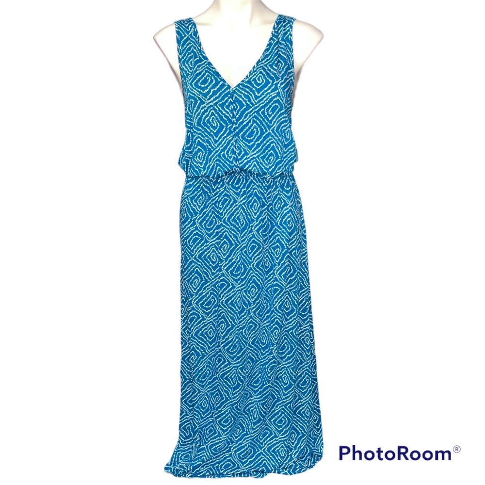 LOFT Turquoise & White Print Sleeveless V Neck Maxi Dress - Size Small